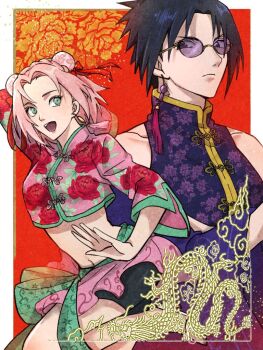  1boy 1girl arm_behind_head bare_shoulders bike_shorts bike_shorts_under_skirt black_hair black_shorts border braid breasts bun_cover chinese_clothes closed_mouth commentary cropped_jacket crossed_arms crown_braid double_bun dragon earrings eastern_dragon floral_print_jacket green_eyes hair_bun haruno_sakura jewelry mandarin_collar medium_breasts medium_hair midriff naruto_(series) naruto_shippuuden navel open_mouth parted_bangs pink_hair pink_skirt purple-tinted_eyewear purple_shirt red_background sayaendou0426 shirt short_hair shorts single_earring skirt smile sunglasses tassel tassel_earrings tinted_eyewear uchiha_sasuke untranslatable_commentary upper_body white_border 