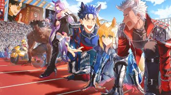  3girls 6+boys absurdres alternate_costume anger_vein animal_ears archer_(fate) arguing artoria_pendragon_(fate) billboard black_hair blonde_hair blue_hair cheating_(competitive) commentary competition crouch_start cu_chulainn_(fate) cu_chulainn_(fate/stay_night) cu_chulainn_(lancer)_(fate) dark-skinned_male dark_skin day english_commentary fate/stay_night fate_(series) gilgamesh_(fate) heracles_(fate) highres horse_boy horse_ears horse_girl horse_tail illyasviel_von_einzbern kemonomimi_mode kotomine_kirei kuzuki_souichirou medea_(caster)_(fate) medea_(fate) medusa_(fate) medusa_(rider)_(fate) motor_vehicle motorcycle multiple_boys multiple_girls muscular muscular_male outdoors purple_hair running_track saber_(fate) span_(shibanyu63868) stadium tail white_hair 