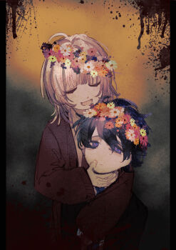  2boys absurdres akinashi_haru blood blood_splatter brown_cardigan cardigan catlestis chinese_commentary closed_eyes commentary_request exhausted grin hand_on_another's_neck happy head_wreath highres hug hug_from_behind looking_at_viewer male_focus multiple_boys saihate_eki short_hair smile tatsunami_shion 