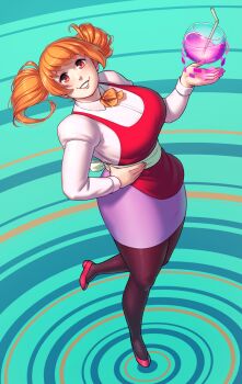  1girl absurdres better-with-salt borrowed_character bow breasts commentary cup drinking_straw english_commentary full_body glass hand_on_own_hip highres large_breasts miniskirt orange_bow orange_eyes orange_hair original pantyhose pencil_skirt purple_pantyhose purple_skirt red_shoes shoes skirt smile solo standing standing_on_one_leg telekinesis tiptoes twintails 
