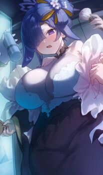  1girl absurdres animal_ears blue_archive breasts commentary_request dressing_room droopy_ears ears_down floppy_ears flower-shaped_hair flower_dress hair_over_one_eye hair_spray halo highres kimono_dress large_breasts lop_rabbit_ears nanimonine9 official_alternate_costume official_alternate_hairstyle purple_hair purple_halo rabbit_ears rabbit_girl see-through_cleavage see-through_clothes solo tsukuyo_(blue_archive) tsukuyo_(dress)_(blue_archive) 