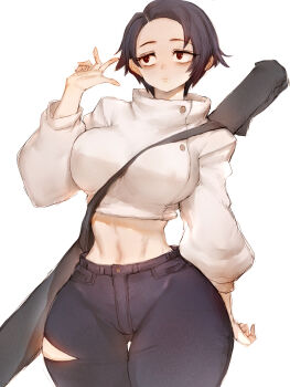  1girl black_hair black_pants breasts closed_mouth fumio_(rsqkr) genderswap genderswap_(mtf) highres jacket jujutsu_kaisen katana large_breasts long_hair looking_at_viewer narrow_waist navel okkotsu_yuuta pants shirt short_hair simple_background solo sword thick_thighs thighs weapon white_background white_jacket wide_hips 