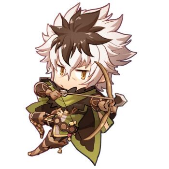  1boy aiming arrow_(projectile) black_hair boots brown_eyes chibi commentary_request fire_emblem fire_emblem_fates gloves hashiko_(neleven) leather leather_boots male_focus multicolored_hair nintendo shura_(fire_emblem) solo two-tone_hair white_hair 