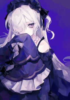  1girl arashiyama blue_background blue_hairband commentary_request covered_mouth dress frilled_dress frills gothic_lolita hair_over_one_eye hairband highres lolita_fashion lolita_hairband long_hair long_sleeves looking_at_viewer mahou_shoujo_no_majo_saiban natsume_an-an one_side_up purple_eyes sleeves_past_fingers sleeves_past_wrists solo very_long_hair white_hair 