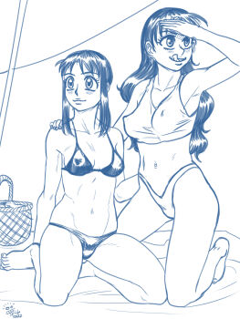  2girls azumanga_daiou bikini blush breasts cleavage covered_erect_nipples earrings hand_on_another's_shoulder highres jewelry kurosawa_minamo lineart long_hair monochrome multiple_girls navel ragathol small_breasts swimsuit tanizaki_yukari tongue tongue_out  rating:Questionable score:17 user:tanaab1234567890
