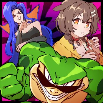  1boy 2girls battletoads black_border blue_hair bone_hair_ornament border braid breasts brown_hair cleavage clenched_hand closed_mouth collar dark_queen_(battletoads) eating fewer_digits hair_ornament hand_up hashiguma highres hololive inugami_korone long_hair looking_at_viewer multiple_girls orange_eyes outside_border parted_lips rash_(battletoads) red_collar red_eyes sunglasses twin_braids v-shaped_eyebrows very_long_hair virtual_youtuber 