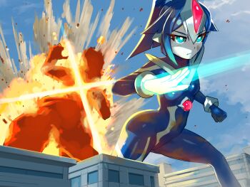  1girl blue_eyes blue_hair blue_sky breasts cake cake_slice city commentary_request energy_blade food kaiju monster nikunopengin original short_hair sky ultra_series x-girl_serena 