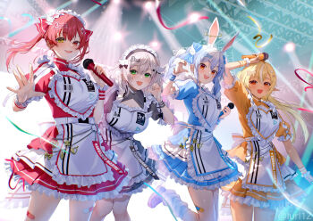  4girls animal_ear_fluff animal_ears apron black_dress blonde_hair blue_dress blue_hair breasts brown_eyes commentary_request cowboy_shot dark-skinned_female dark_elf dark_skin dress elf green_eyes grey_hair group_picture heterochromia highres holding holding_microphone hololive hololive_3rd_generation_live_outfit hololive_fantasy houshou_marine idol large_breasts light_rays maid maid_headdress microphone monokawa_(iurl1z) multicolored_hair multiple_girls orange_dress pointy_ears rabbit_ears rabbit_girl red_eyes red_hair shiranui_flare shirogane_noel stage standing standing_on_one_leg twintails two-tone_hair usada_pekora virtual_youtuber white_apron white_hair yellow_eyes 