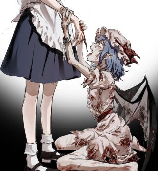  2girls aihara-rina apron bat_wings black_shoes bleeding blood blood_on_clothes blood_on_hands blue_dress blue_hair broken broken_chain chain chinese_commentary commentary_request crying crying_with_eyes_open cuffs dress gradient_background hat hat_ribbon highres izayoi_sakuya mary_janes mob_cap multiple_girls open_mouth pink_hat pink_shirt pink_skirt pointy_ears red_eyes remilia_scarlet ribbon shackles shirt shoes sitting skirt socks tears tongue tongue_out torn_clothes torn_shirt torn_skirt touhou vampire waist_apron wariza white_apron white_socks wings 