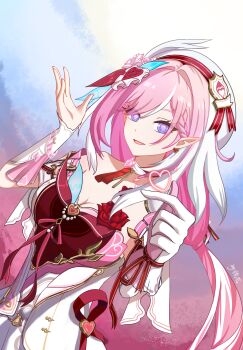  1girl beret breasts chinese_commentary commentary_request diamond-shaped_pupils diamond_(shape) dress earrings elf elysia_(hi_love_elf)_(honkai_impact) elysia_(honkai_impact) gloves gradient_sky hat heart heart_earrings highres honkai_(series) honkai_impact_3rd jewelry jing_hana_hane_tsuki large_breasts long_hair looking_at_viewer multicolored_hair pink_hair pointy_ears purple_eyes red_dress single_glove sky smile solo symbol-shaped_pupils two-tone_dress two-tone_hair very_long_hair white_dress white_gloves white_hair 