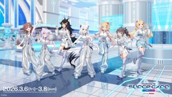  1st_generation_(hololive) 6+girls akai_haato aki_rosenthal artist_request blue_skirt boots cat_girl commentary cropped_jacket dog_girl english_commentary fox_girl full_body highres hololive hololive_gamers inugami_korone jacket jewelry long_hair looking_at_viewer miniskirt multiple_girls natsuiro_matsuri necklace nekomata_okayu official_alternate_costume official_art ookami_mio pants second-party_source shirakami_fubuki shirt short_hair single_sleeve skirt standing thigh_boots turtleneck very_long_hair virtual_youtuber white_boots white_jacket white_pants white_shirt white_skirt wolf_girl 