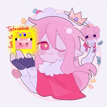  1boy androgynous animification banknote cape chinese_commentary cloud commentary_request crown deformed detached_wings dollar_bill dream_smp earrings english_text fang fur-trimmed_cape fur_trim gold_crown hair_between_eyes halo highres humanization jewelry long_hair long_sleeves looking_at_viewer male_focus minecraft minecraft_youtube money one_eye_closed pig pink_hair pointed_crown pointy_ears potato red_cape red_eyes scar scar_on_face shirt simple_background single_earring smile solo subscribe_to_technoblade_(phrase) technoblade white_background white_shirt wings yan8644507 