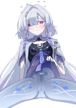  1girl :o absurdres after_vaginal albino arm_at_side beef_stroganof blue_pussy bottomless bracelet breasts censored clothes_lift colored_eyelashes colored_pussy commentary_request cowboy_shot crystal_shards cum cum_in_pussy cumdrip earrings ejaculation expressionless gluteal_fold gold_bracelet gold_ring gradient_clothes gradient_shirt hair_intakes hair_ornament hair_over_one_eye halo highres id_card internal_cumshot jacket jellyfish_cut jewelry large_variant_set leg_tattoo lifting_own_clothes light_blush long_hair looking_at_viewer mornye_(wuthering_waves) mosaic_censoring open_clothes open_jacket pale_skin parted_lips partial_commentary presenting presenting_pussy purple_shirt pussy red_eyes ring see-through_body shirt shirt_lift short-sleeved_jacket short_sleeves simple_background sitting small_breasts solo spread_legs tacet_mark_(wuthering_waves) tattoo thighs triangle_earrings triangle_hair_ornament uterus variant_set very_long_hair white_background white_eyelashes white_hair white_jacket wuthering_waves x-ray 