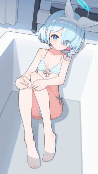  1girl absurdres anleewind arona_(blue_archive) barefoot bathroom bikini blue_archive blue_bikini blue_eyes blue_hair blue_halo braid closed_mouth collarbone colored_inner_hair commentary_request dot_nose eyes_visible_through_hair feet flat_chest full_body hair_over_one_eye hairband halo highres hugging_own_legs in_bathtub indoors knees_up looking_at_viewer multicolored_hair pink_hair short_hair side-tie_bikini_bottom sitting smile solo striped_bikini striped_clothes swimsuit toes two-tone_hair white_bikini white_hairband 
