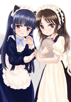  2girls animal_ears apron blue_hair blush brown_eyes brown_hair cat_ears claw_pose commentary_request dress expressionless highres idolmaster idolmaster_cinderella_girls interlocked_fingers long_hair looking_at_viewer maid multiple_girls red_eyes sajo_yukimi shin_fuj smile tachibana_arisu 