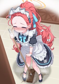  1girl absurdres apron black_dress black_shoes blue_archive blue_bow blue_bowtie blush bow bowtie closed_eyes closed_mouth commentary_request dress embarrassed forehead frilled_apron frills hair_bow halo highres holding holding_mop lmc_(lmcgarage) loli long_hair maid maid_apron maid_headdress mop multiple_hair_bows nose_blush official_alternate_costume pee pee_puddle peeing peeing_self ponytail puddle puffy_short_sleeves puffy_sleeves red_hair shoes short_sleeves solo standing tearing_up tears wavy_hair white_apron white_bow yellow_halo yuzu_(blue_archive) yuzu_(maid)_(blue_archive) 