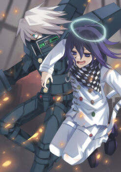  2boys android arm_on_another's_shoulder armor battle_damage blue_eyes buttons checkered_clothes checkered_scarf commentary_request danganronpa_(series) danganronpa_v3:_killing_harmony fire flipped_hair flying ghost grey_hair hair_between_eyes halo highres i_dabasi jetpack k1-b0 long_sleeves male_focus multicolored_buttons multiple_boys oma_kokichi open_mouth pants power_armor purple_eyes purple_hair robot scarf short_hair smile smug sparks spoilers thigh_strap two-tone_scarf 