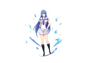  1girl black_socks blue_eyes blue_hair breasts choukou_(alicesoft) choukou_shinki_ixseal ellis_xillia full_body hairband hand_on_own_hip kneehighs long_hair looking_at_viewer mole necktie official_art onigirikun otogi_frontier pleated_skirt school_uniform second-party_source short_sleeves skirt smile socks solo standing tachi-e transparent_background variant_set very_long_hair water white_hairband 