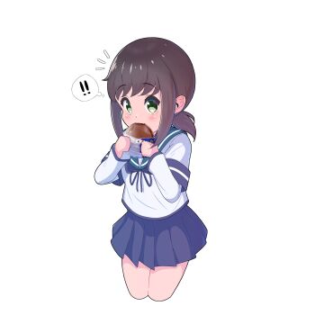  ! !! 1girl absurdres black_hair blue_sailor_collar blue_skirt breasts commentary_request cowboy_shot cropped_legs croquette eating fubuki_(kancolle) green_eyes highres kantai_collection layered_sleeves long_sleeves looking_at_viewer low_ponytail medium_breasts pleated_skirt ponytail sailor_collar sailor_shirt school_uniform serafuku shirt short_over_long_sleeves short_sleeves sidelocks simple_background skirt smile solo spoken_exclamation_mark standing white_background white_shirt yoko_hata 