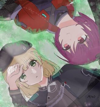  2girls blonde_hair commentary_request green_eyes hat heaven_burns_red highres looking_at_another lying military_hat mini_q multiple_girls nanase_nanami_(heaven_burns_red) on_back purple_hair red_eyes short_hair tezuka_saki 