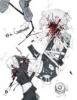  1boy 1girl after_rape arms_behind_back bandaged_chest bandages bdsm black_boots blood blood_in_hair blood_on_body blood_on_clothes blood_on_face blood_on_ground blood_spray bondage boots bound bound_arms bound_feet bound_legs bound_torso clothes_lift combat_medic commentary covered_eyes cum cum_overflow cumdrip death disheveled english_commentary english_text exploded_head exposed_bone exposed_muscle gagged grey_shirt gun guro headphones highres injury knee_pads leggings legs_together military monochrome original peril red_hod ryona shirt shirt_lift shirt_under_shirt soldier solo_focus tied_up_(nonsexual) torn_clothes torn_leggings weapon white_background 