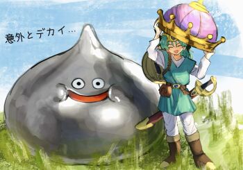  1boy belt_buckle boots brown_boots buckle closed_eyes crown dragon_quest dragon_quest_iv earrings forehead_protector full_body green_hair green_tunic hair_between_eyes hero_(dq4) highres holding holding_crown jewelry male_focus metal_slime open_mouth pants shield shield_on_back shirt single_earring slime_(dragon_quest) smile standing sword tunic weapon white_pants white_shirt winged_headwear y_hcei10 