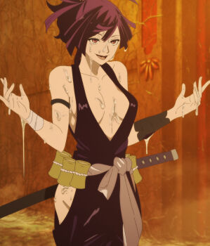 1girl breasts cleavage collarbone jigokuraku open_mouth purple_eyes purple_hair red_eyes stitched sword third-party_edit weapon yuzuriha_(jigokuraku)