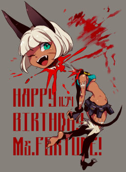  1girl animal_ears aqua_eyes arms_behind_back ass belt belt_pouch black_legwear blood blunt_bangs breasts cat_ears cat_girl cat_tail character_name collar dark-skinned_female dark_skin dated disembodied_head ekubo_(ciaobero) fangs feathers female_focus fingernails from_behind grey_background guro happy happy_birthday looking_at_viewer midriff ms._fortune_(skullgirls) narrow_waist one_eye_closed open_mouth pouch scar scar_on_face severed_head sharp_fingernails sharp_toenails short_hair short_shorts shorts sideboob simple_background skullgirls small_breasts solo standing standing_on_one_leg stitches tail toenails underboob white_hair wink  rating:Sensitive score:13 user:CerberusPhoenix