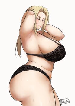  1girl armpit_stubble armpits arms_behind_head arms_up batako_(batakoart) black_bra black_panties blonde_hair blush bra breasts brown_eyes closed_eyes curvy female_pubic_hair highres huge_breasts long_hair mature_female nail_polish naruto_(classic) naruto_(series) naruto_shippuuden panties plump pubic_hair pubic_hair_peek simple_background sitting smile solo sweat thick_thighs thighs tsunade_(naruto) underwear underwear_only wet white_background  rating:Questionable score:68 user:Garuldo
