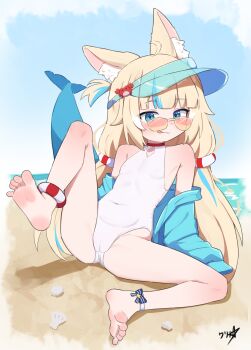  1girl :q above-cleavage_cutout absurdres animal_ear_fluff animal_ears bare_shoulders barefoot beach blonde_hair blue_archive blue_eyes blue_hair blue_jacket blue_visor boppin breasts cameltoe cat_ears closed_mouth clothing_cutout commission cosplay covered_navel day diamond_cutout feet female_focus fins fish_girl fish_tail glasses highres indie_virtual_youtuber jacket lifebuoy_hair_ornament loli long_hair long_sleeves looking_at_viewer low_twintails multicolored_hair ocean off_shoulder on_ground one-piece_swimsuit one_side_up open_clothes open_jacket orange-tinted_eyewear outdoors paid_reward_available pince-nez sameko_saba sand seashell seia_(blue_archive) seia_(blue_archive)_(cosplay) seia_(swimsuit)_(blue_archive) shell sleeves_past_fingers sleeves_past_wrists small_breasts soles solo spread_legs streaked_hair sunglasses swimsuit tail tinted_eyewear toes tongue tongue_out twintails two-tone_hair variant_set virtual_youtuber visor_cap white_one-piece_swimsuit  rating:Questionable score:84 user:hdk5
