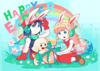  1boy 2girls ahoge android animal_ear_hairband animal_ears ankle_boots artist_request bare_arms bare_shoulders baseball_cap belt black_belt black_hair black_shirt blonde_hair blue_background blue_eyes boots brown_boots brown_eyes collarbone colored_skin commentary crop_top crop_top_overhang dot_nose doukutsu_monogatari easter easter_egg egg english_commentary english_text fake_animal_ears floppy_ears flower furry furry_female gloves grass green_ribbon green_scarf green_vest hair_between_eyes hair_flower hair_ornament hairband hand_on_ground happy_easter hat highres joints legs_apart long_hair metal_skin midriff mimiga multiple_girls no_nose official_art open_mouth padded_vest pants pocket quote_(cave_story) rabbit_ear_hairband rabbit_ears rainbow red_gloves red_hat red_pants red_tank_top ribbon robot_ears robot_joints scarf second-party_source shirt short_hair short_tail sidelocks simple_background sitting sleeveless sleeveless_shirt smile standing tail tank_top toroko upturned_eyes vest wariza white_flower white_fur white_hairband white_skin white_tail yellow_belt 