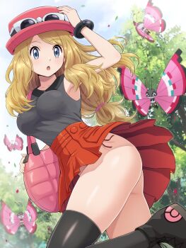  1girl absurdres animal ass bag black_boots black_shirt black_thighhighs blonde_hair blue_eyes blush boots bracelet breasts bug butterfly cloud collarbone eyewear_on_head eyewear_on_headwear gen_6_pokemon hat highres insect jewelry medium_breasts mega_ring nintendo no_panties open_mouth petals poke_ball_print poke_ball_symbol pokemoa pokemon pokemon_(creature) pokemon_xy print_boots red_hat red_skirt serena_(pokemon) shirt skirt sky sleeveless sleeveless_shirt standing standing_on_one_leg sunglasses sunglasses_on_hat sunglasses_on_head surprised thighhighs tree underwear vivillon wind wind_lift  rating:Sensitive score:41 user:RIG