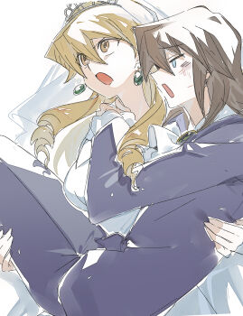  1boy 1girl 3_ma_me blonde_hair brown_hair carrying crying dress earrings formal_clothes highres jewelry long_hair open_mouth princess_carry reverse_princess_carry siblings silver_tiara simple_background suit tenjouin_asuka tenjouin_fubuki tiara veil wedding_dress white_background yellow_eyes yu-gi-oh! yu-gi-oh!_gx 