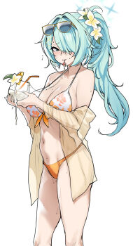  1girl absurdres aqua_hair armpit_crease bare_shoulders bikini blue_archive blue_eyes blue_halo blush breasts cherry clenched_teeth collarbone commentary cowboy_shot cum cum_in_container cum_in_cup cum_on_body cum_on_breasts cum_on_fingers cum_on_food cum_on_upper_body cum_string cup drinking_glass drinking_straw english_commentary eyewear_on_head floral_print flower flying_sweatdrops food food_in_mouth front-tie_bikini_top front-tie_top fruit groin hair_flower hair_intakes hair_ornament hair_over_one_eye halo halterneck hands_up high_ponytail highres hiyori_(blue_archive) hiyori_(swimsuit)_(blue_archive) holding holding_cup large_breasts long_hair long_sleeves looking_at_viewer looking_to_the_side mouth_hold navel off_shoulder official_alternate_costume one_eye_covered open_clothes open_shirt orange_bikini parted_lips pichipeek pineapple pineapple_slice ponytail print_bikini raised_eyebrows see-through_clothes see-through_shirt shirt simple_background solo standing stomach sunglasses sweat swimsuit teeth twitching white_background white_bikini white_flower x_hair_ornament yellow-framed_eyewear yellow_shirt 