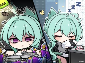  1girl ahoge aqua_hair book bottle chibi chibi_only closed_eyes commentary cup desk_lamp drooling energy_drink english_commentary english_text frown highres holding holding_bottle hugging_object lamp mole mole_under_eye nyx_(stella_sora) official_art open_book pillow purple_eyes quill saucer shaded_face short_hair_with_long_locks sleeping sleeping_upright sound_effects stella_sora sweatdrop teacup writing zzz 