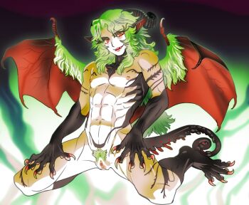  1boy claws colored_skin cuntboy demon_boy fangs green_hair isaki kneeling long_hair monster_boy nipples original pubic_hair pussy red_eyes slit_pupils white_skin wings  rating:Explicit score:15 user:charleydodger