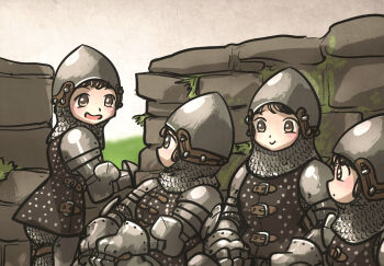  4girls armor aventail bascinet battlement blush brown_eyes brown_hair chainmail commentary couter cuirass english_commentary gauntlets highres ironlily layered_armor leather_armor looking_at_another monty_python monty_python_and_the_holy_grail moss multiple_girls open_mouth ordo_mediare_sisters_(ironlily) parody pauldrons rerebrace shoulder_armor sitting standing stifled_laugh stone_wall vambraces 