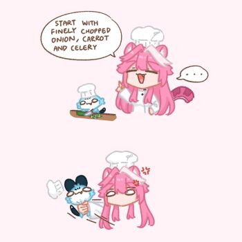  ... 1girl :3 =_= ^_^ anger_vein animal_ears chattino_(raora_panthera) chef chef_hat closed_eyes commentary cucumber english_commentary english_text fang hat hololive hololive_english knife long_hair multicolored_hair open_mouth panther_ears panther_girl panther_tail pink_hair raora_panthera sappysque smile spoken_ellipsis strangling streaked_hair tail virtual_youtuber 
