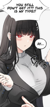  1girl black_hair black_jacket blue_archive blunt_bangs blush breasts cleavage english_text eyebrows_hidden_by_hair eyelashes hair_ornament hairclip jacket keenh large_breasts long_eyelashes long_hair looking_at_another out_of_frame poking poking_another's_breast red_eyes rio_(blue_archive) shirt sidelocks simple_background sound_effects speech_bubble suit_jacket turtleneck turtleneck_shirt upper_body white_background white_shirt 