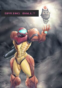 1girl absurdres arm_cannon armor commentary_request english_text gen_3_pokemon hand_up highres kuroneko_(pixiv79498996) metroid nintendo pokemon pokemon_(creature) power_armor power_suit_(metroid) samus_aran spoink standing varia_suit weapon
