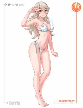  1girl alternate_costume armpits artist_logo bare_arms bare_legs barefoot bikini bluesky_logo breasts commentary crazzeffect dated english_commentary female_corrin_(fire_emblem) fire_emblem fire_emblem_fates frilled_bikini frills full_body grey_hair grin highleg highleg_bikini highres logo long_hair looking_at_viewer medium_breasts nintendo patreon_logo pixiv_logo red_eyes side-tie_bikini_bottom sideboob smile solo standing stomach swimsuit twitter_x_logo v v_over_eye white_background white_bikini 