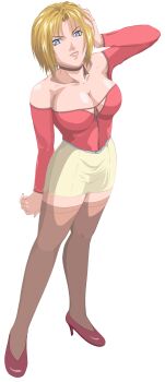  1girl bible_black bible_black_new_testament blonde_hair blue_eyes breasts cleavage dress earrings high_heels jewelry kitami_reika large_breasts lipstick makeup mature_female no_bra pantyhose red_dress shin_bible_black short_hair skirt solo witch  rating:Sensitive score:14 user:cyanthe