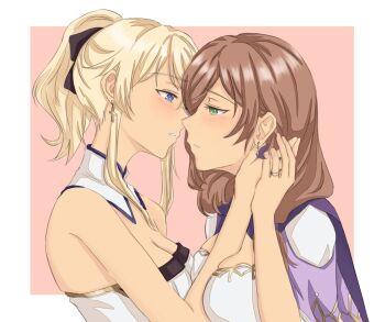  2girls bare_shoulders black_bow blonde_hair blue_eyes blush border bow breasts brown_hair butterfly_earrings cape cleavage cleavage_cutout clothing_cutout cross cross_earrings detached_collar dress earrings genshin_impact green_eyes hair_between_eyes hair_bow half-closed_eyes hand_on_another's_head hand_up hashtag-only_commentary high_ponytail highres imminent_kiss jean_(genshin_impact) jewelry large_breasts lisa_(genshin_impact) long_hair looking_at_another mandarin_collar medium_breasts medium_hair multiple_girls outside_border pink_background ponytail purple_cape sidelocks simple_background smile tank_top teeth upper_body white_border white_dress white_tank_top yurenn yuri 