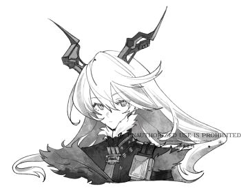  1girl artist_request chinese_commentary closed_mouth coat commentary_request commission expressionless fur-trimmed_coat fur_trim grey_background hair_between_eyes horns long_hair looking_at_viewer monochrome shade solo star-shaped_pupils star_(symbol) sunbringer_(zenless_zone_zero) symbol-shaped_pupils upper_body wavy_hair zenless_zone_zero 