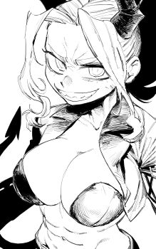  1girl abs absurdres bad_tag black_jacket breasts cleavage collarbone collared_jacket demon_girl demon_horns demon_tail helltaker highres horns jacket judgement_(helltaker) large_breasts leather leather_bikini leather_jacket long_hair looking_at_viewer monochrome naughty_face navel neck ponytail sakanagaru sharp_teeth simple_background smile solo solo_focus standing stomach tail teeth tomboy white_background white_hair 