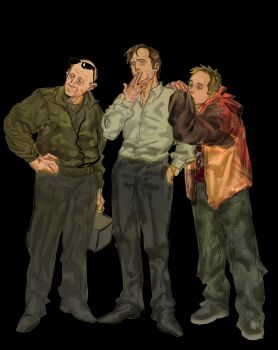  3boys absurdres bald balding beard better_call_saul breaking_bad commentary english_commentary facial_hair goatee highres jesse_pinkman male_focus mike_ehrmantraut multiple_boys old old_man saul_goodman sunglasses turmalindraws white_beard white_facial_hair 