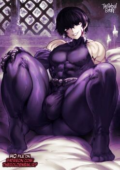 1boy abs androgynous armor bare_shoulders belt black_bodysuit black_eyes black_hair black_sleeves bodysuit bulge candle cole_(ramia-yana) cross cross_earrings detached_sleeves earrings feet full_body gauntlets hand_on_own_knee indoors inverted_cross jewelry large_pectorals large_testicles looking_at_viewer male_focus muscular muscular_male on_bed pectorals ramia-yana scar scar_on_face short_hair sitting skin_tight smile solo spread_legs testicles the_golden_smurf thick_thighs thighs