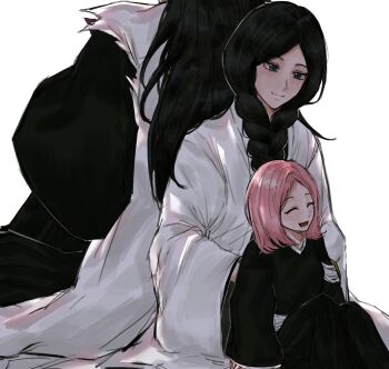  1boy 2girls anima_tion_1 black_hair black_hakama bleach bleach:_sennen_kessen-hen blue_eyes braid closed_eyes hakama haori height_difference highres japanese_clothes kusajishi_yachiru long_hair medium_hair multiple_girls open_mouth pink_hair shihakusho sitting sitting_on_lap sitting_on_person size_difference smile taichou_haori unohana_retsu white_haori zaraki_kenpachi 