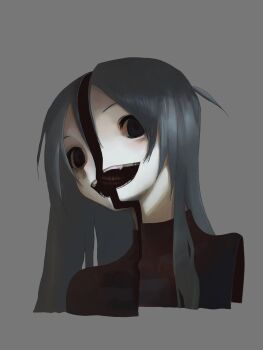  1girl :d bags_under_eyes grey_background grey_hair happy_routine highres long_hair open_mouth original pale_skin portrait simple_background smile solo split_head teeth two_side_up 