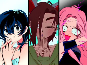  3girls alien_stage animal_ears black_dress black_hair blue_eyes brown_hair closed_mouth commentary dark-skinned_female dark_skin dilated_pupils dress finger_to_mouth green_shirt hair_between_eyes hashtag-only_commentary highres hyuna_(alien_stage) kyle_(twvinklover) long_hair medium_hair mizi_(alien_stage) multiple_girls official_alternate_costume one_eye_closed open_mouth pink_hair pink_lips shirt smile sua_(alien_stage) white_dress wolf_ears 